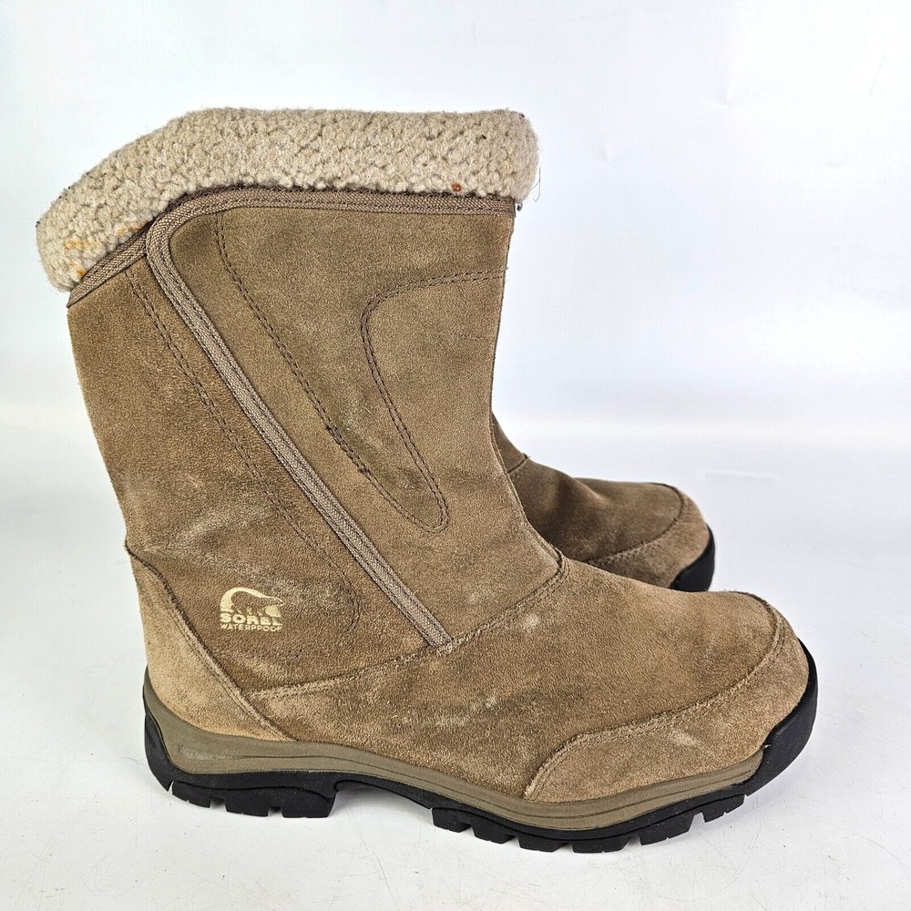 Sorel Water Fall Winter Snow Boots Tan Suede Fleece Lined Thinsulate Women Sz 9